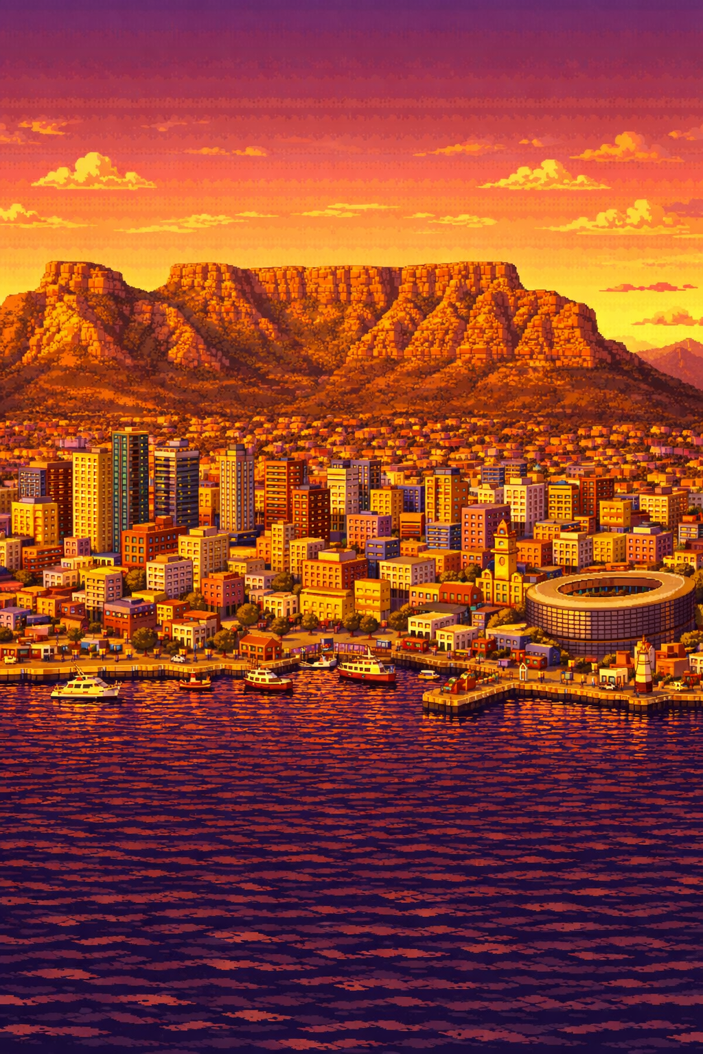 Pixel-art Cape Town at sunset with Table Mountain