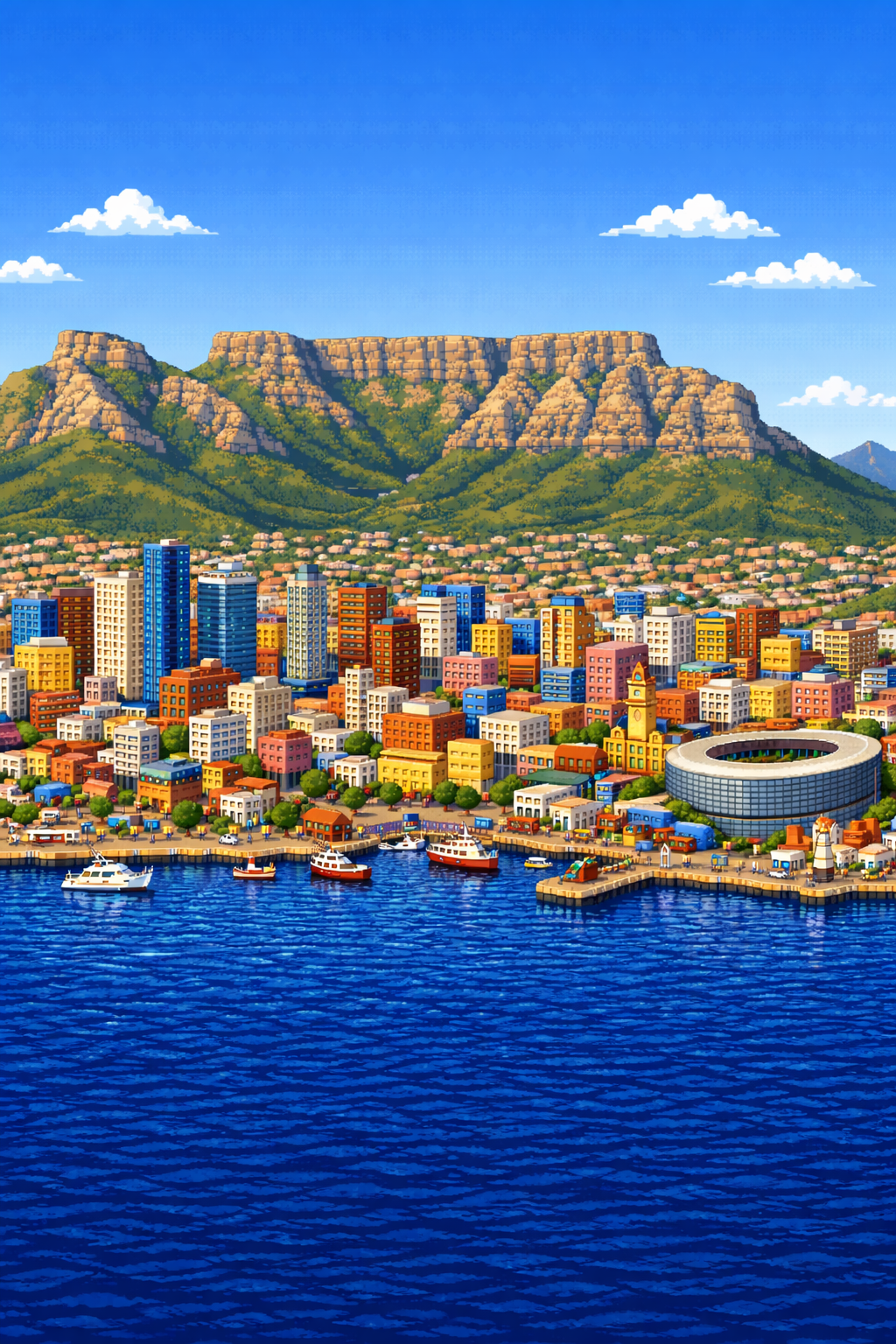 Pixel-art Cape Town in daylight with Table Mountain
